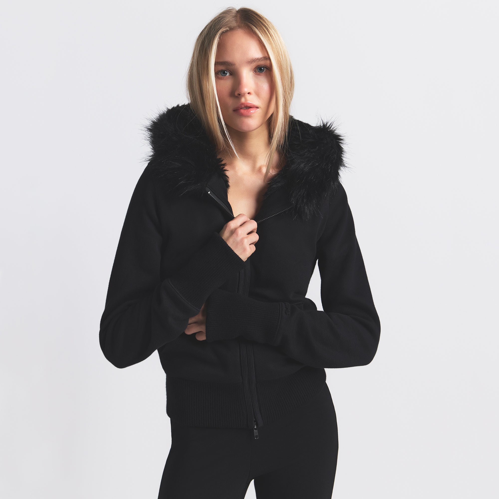 FAUX FUR LINED ZIP UP HOODIE